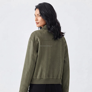 Women's Olive Green <b>Suede</b> Utility <b>Jacket</b> With Turn-Down Collar And Zipper Pockets Autumn Style - Product Image 2