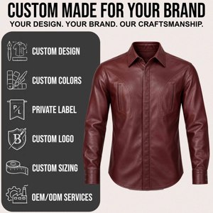 เสื้อเชิ้ตหนังสีแดงเบอร์กันดีพรีเมียมสำหรับผู้ชาย แขนยาว สไตล์คาวบอยตะวันตก ไหล่โค้ง กระเป๋าหน้าอกคู่แนวตั้งแบบซ่อน - Product Image 5