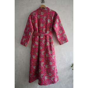 Kimono Boho de Algodón Acolchado con Estampado Floral, Cuello en V, Cierre con Cordón, Chaqueta Larga para Mujer, Bata Hecha a Mano en India, Ligera - Product Image 6