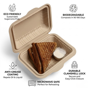 Conteneur alimentaire en bagasse écologique à clapet |   Boîte jetable anti-graisse en pulpe de canne à sucre pour salades et emballages alimentaires à emporter - Product Image 5