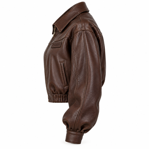 Blouson aviateur en cuir véritable marron avec col plié, manches ballon, ourlet élastiqué, coupe courte, fabrication sur mesure - Product Image 4