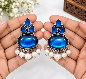 Wholesale Oxidized <b>Silver</b> Blue Stone Pearl Dangle Earrings | Boho Ethnic Indian Fashion Jewelry - Product Image 2