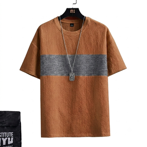 T-shirt homme personnalisé, couleur brun clair, tissu respirant, rayures grises imprimées, été, coton, manches courtes, style décontracté streetwear. - Product Image 1