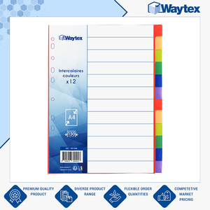 Top Selling Superior Quality A4 Polypropylene <b>Dividers</b>, 12 Plain Bright-Coloured Tabs with Index from Leading Manufacturer - Product Image 4