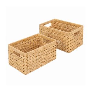 Water Hyacinth Woven <b>Storage</b> <b>Baskets</b> Set of 2, <b>Rectangular</b> Natural Water Hyacinth Shelf Organizer Bins with Cutout Handles - Product Image 1
