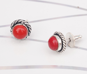 Boho Vintage 925 Sterling <b>Silver</b> Natural Red Coral <b>Stud</b> Earrings Oxidized Round Gemstone Ear <b>Studs</b> - Product Image 4