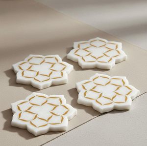 <b>Marble</b> <b>Coaster</b> with Gold Floral Printing Round Luxury Handmade 10mm Thick White <b>Coasters</b> Decorative Table Accessories - Product Image 1