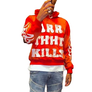 Sudadera con Capucha Roja para Hombre, Estampado Puff 'ARR THHT KILLS', Estilo Urbano, Manga Larga, Corte Holgado, Poliéster, Ropa de Otoño - Product Image 4