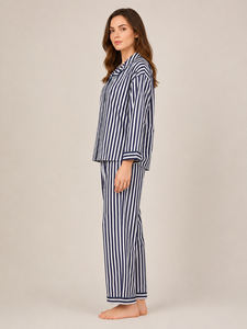 Comfortable Navy <b>Blue</b> Striped Two Piece Set Turndown Collar Long Sleeves Button Shirt Elastic Waist Trouser Casual Pajama Suit - Product Image 2