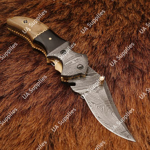 มีดพับดามัสกัส OEM ขายส่ง - มีดพกทำมือ ใบมีดคมกริบ ปลายใบมีดแบบคลิป สำหรับล่าสัตว์และตั้งแคมป์ พร้อมปลอก - Product Image 4