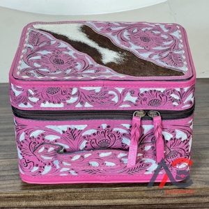 Women Fashionable Hand Tooled Leather Cosmetic <b>Case</b> <b>Medium</b> Size Cowhide Print Zipper Closure Portable Soft Handle Jewelry Box - Product Image 1