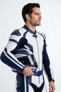 Traje de Motociclismo de Cuero para Hombre, Color Blanco y Azul Marino, con Bloques de Color, Manga Larga, de una Pieza - Product Image 6
