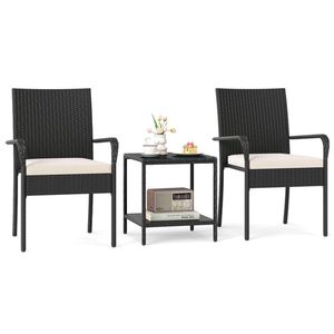 Set Bistrot da Esterno in PE Wicker Bianco a 3 Pezzi con Tavolino a 2 Livelli in Vetro Temperato e Sedia da Esterno per Donne - Product Image 1