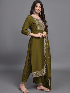 Traje de Algodón Bordado Tradicional Color Oliva para Mujer, con Dupatta, Corte Recto, Largo hasta la Rodilla, Ropa Casual de Secado Rápido, Estilo India/Pakistán - Product Image 2