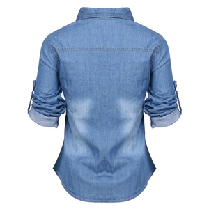 Nuevo Diseño Camisas Vaqueras Vintage de Verano para Mujer, Azules de Algodón con Manga Raglán, Cuello con Botones, Ajuste Casual Ceñido, Ecológicas - Product Image 2