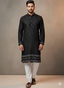 Conjunto de Kurta y Pijama de Seda Pura Premium para Hombre, Bordado con Hilo – Ideal para Bodas y Fiestas - Product Image 5