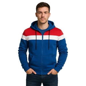 Sweat-shirt à capuche zippé pour homme de haute qualité, coloris bleu, rouge et blanc, en molleton, style streetwear décontracté, avec capuche et poches. - Product Image 1