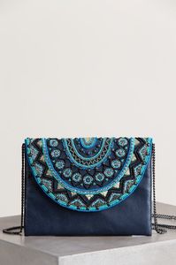 <b>Navy</b> Leather Beaded Flap Clutch <b>Bag</b> with Chain Strap Circular Pattern Crossbody Purse - Product Image 6