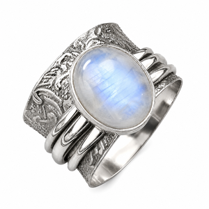 Natural Rainbow Moonstone <b>Ring</b> Vintage Wide Band Silver Plated Bohemian Jewelry for unisex - Product Image 1