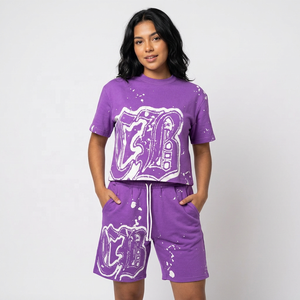 Purple Cotton Streetwear Set <b>T</b>-<b>Shirt</b> and Shorts with <b>White</b> Logo Print for Adults Unisex Summer Casual Wear - Product Image 4