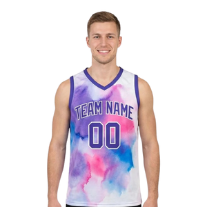 Ensemble d'uniformes de basket-ball imprimés en aquarelle pour hommes, maillot sans manches à col en V avec short uni, noms d'équipes et numéros de joueurs imprimés - Product Image 3