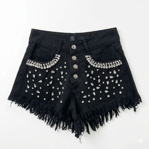 Short en jean blanc taille haute avec strass et ourlet effiloché, style décontracté d'été pour femme - Product Image 3