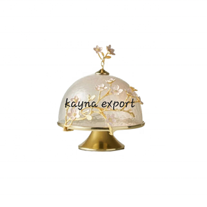 MOST SELLING LUXURY DECORATIVE LEAF DESIGN GOLD METAL ECO-FRIENDLY CE CERTIFIED CAKE STAND with HAMMERED <b>GLASS</b> <b>DOME</b> - Product Image 1