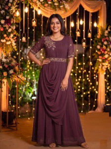 Multi Style Flaired Gowns Dupatta <b>Belt</b> Heavy Georgette Embroidery Hand <b>Work</b> Modern Design for Wedding/Party Occasions - Product Image 2