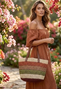 Sac fourre-tout en jute au crochet pour broderie style vintage, grand sac à main ouvert pour femme, idéal pour la plage estivale - Product Image 2