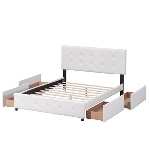 Lit plateforme rembourré blanc taille Queen avec tête de lit classique et 4 tiroirs en tissu lin, aucun sommier tapissier nécessaire - Product Image 4