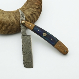 Navaja Plegable Recta de Acero de Damasco para Uso Diario (EDC) con Mango de Madera Azul y Pivote de Latón, para Afeitado de Barbero, Coleccionable, Venta al por Mayor de Fábrica B2B - Product Image 1