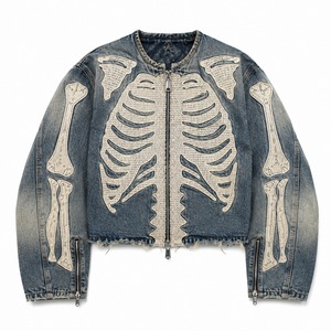 Chaqueta vaquera vintage de estilo urbano personalizada con estampado gráfico completo, con cremallera, informal, para un uso cómodo unisex. - Product Image 1