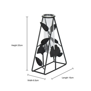 Vase de table industriel en fer avec tube en verre, hauteur 20 cm, motif feuille noire, support décoratif pour fleurs - Product Image 1