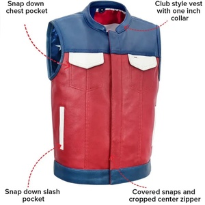 <b>Men</b>’s Multi Color Genuine Leather Club Style <b>Biker</b> Vest Snap Down Slash Pockets Covered Snaps with Cropped Center Zipper - Product Image 4