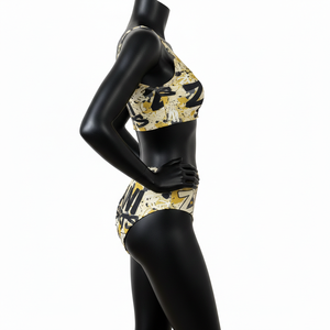 ชุดว่ายน้ำวันพีซสำหรับผู้หญิง ผ้าโพลีเอสเตอร์ผสมสแปนเด็กซ์ ยืดหยุ่นได้ สีเบจทอง พิมพ์ลายโลโก้ทั่วตัว ชุดชายหาดสำหรับผู้หญิง - Product Image 3