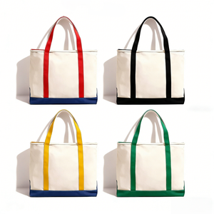 Bolsa de tela de algodón teñida lisa con asas y ribete inferior de colores, lavable y ecológica. - Product Image 5