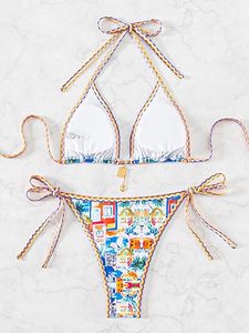 Women's 2-Piece Spandex/Nylon Beach Bath Bikini Set with Halter Neckline Floral Pattern <b>V</b>-<b>Strings</b> - Product Image 5