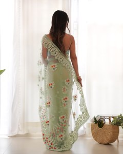 Sari Tradicional de Seda Verde Mar para Mujer, Largo hasta el Suelo, con Bordado Floral, Estilo India Pakistán, para Bodas - Product Image 2