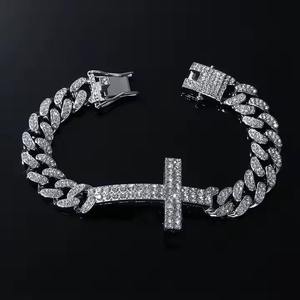 22k Gold Plated <b>Cross</b> <b>Chain</b> Bracelet Men's Hip Hop Crystal Rhinestone Link Style Everyday Wear - Product Image 2