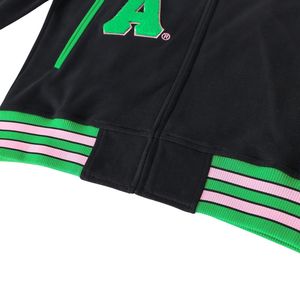 AKA Fleece Letterman <b>Jacket</b> Black Green <b>Pink</b> Varsity Style Embroidered Chenille <b>Jacket</b> Unisex College Fashion Outerwear - Product Image 2