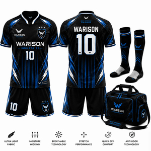 Conjunto de uniforme de fútbol transpirable, camiseta de fútbol sublimada, calcetines cortos y bolsa de transporte con nombre y número personalizados - Product Image 1