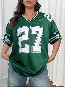 Camisetas de Jersey de Alta Calidad para Mujer, Tallas Grandes, Oversize, con Malla, Rayas y Gráficos de Letras, Cuello en V, Manga Larga, Estilo Urbano - Product Image 5