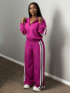 Ensemble de survêtement pour femme en coton délavé, veste zippée unie et pantalon de jogging, respirant, extensible, pour le sport et la gym - Product Image 3