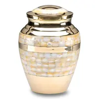 Brass Cremation Urn for Human Ashes, Mother of Pearl Inlay