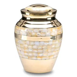 Brass Cremation Urn Inlay Mother of Pearl Gold Polish keepsake Cremation urn For Human Ashes Best Selling Metal Urn