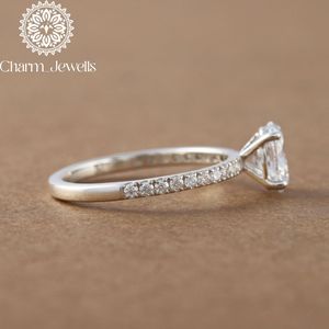 Charm_Jewells Women's <b>Oval</b> Cut <b>Moissanite</b> <b>Engagement</b> <b>Ring</b> 18K Gold Rhodium Plated Prong Setting Classic Style - Product Image 6
