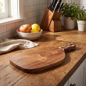Food Grade Suar Wood Serving Board With Coconut <b>Shell</b> Dark And White Inlay Handle <b>Light</b> Brown For Kitchen Decor And Artisan Home - Product Image 2