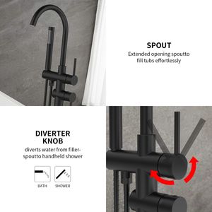 Miscelatore per Vasca da Bagno e Doccia Autoportante Nero Opaco ad Alta Portata con Doccetta, Montaggio a Pavimento, Stile Moderno - Product Image 5