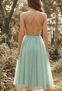 Robe courte en tulle vert sauge avec broderie de feuilles, élégante robe de soirée à col halter, applique florale 3D, prix direct usine - Product Image 3