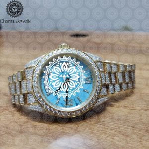 Montre de luxe pour homme Charm Jewells en acier inoxydable 40 mm, cadran bleu mandala, incrustée de diamants, analogique mécanique, étanche 10 bars - Product Image 3